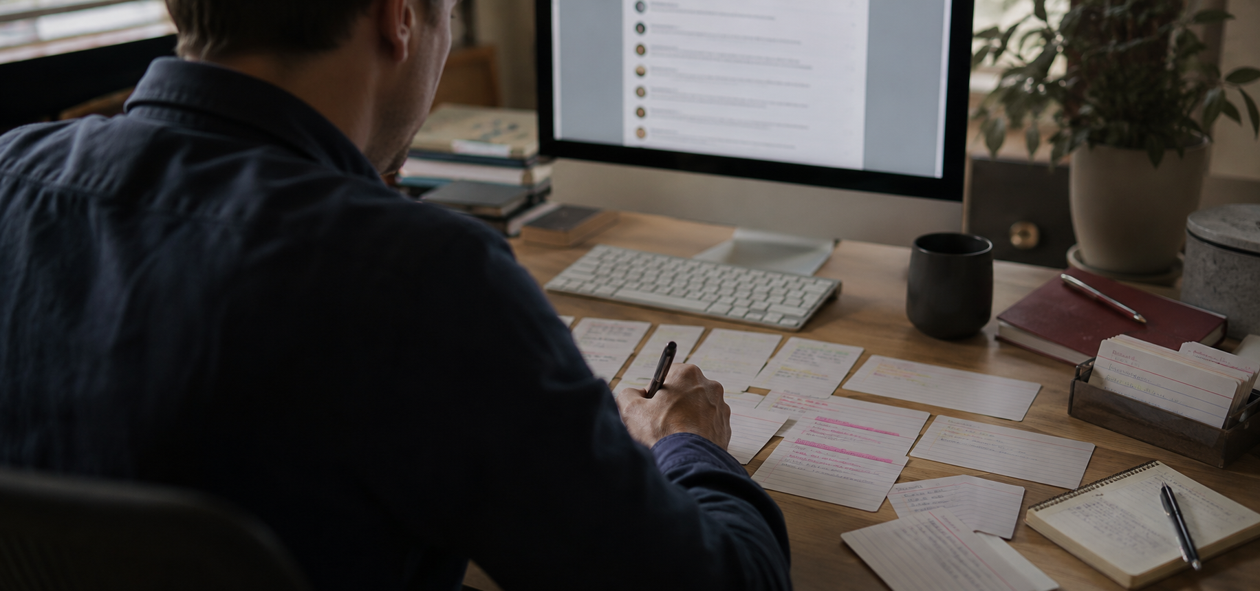 Marketer transcribing customer review phrases onto index cards